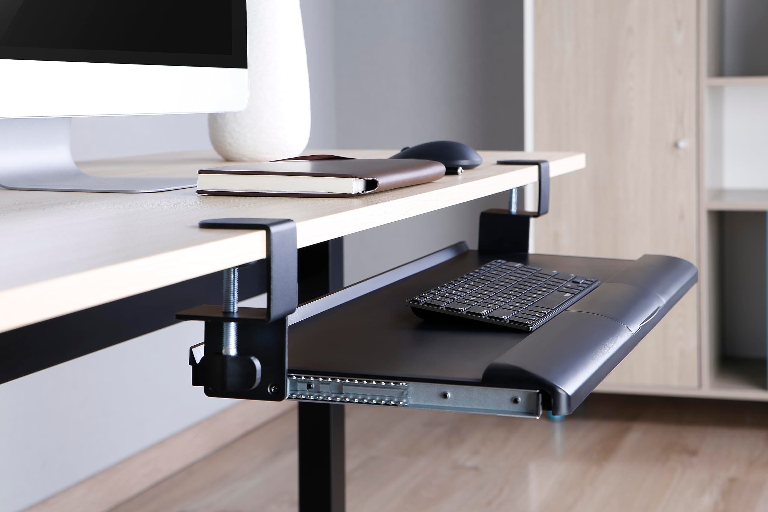 ErgoYou Clamp-On Ergonomic Keyboard Tray – Extra Spacious 27” Platform for Keyboard & Mouse – Smooth Sliding, No-Drill Installation – Fits Desks Up to 45mm Thick – Space-Saving Under-Desk Design