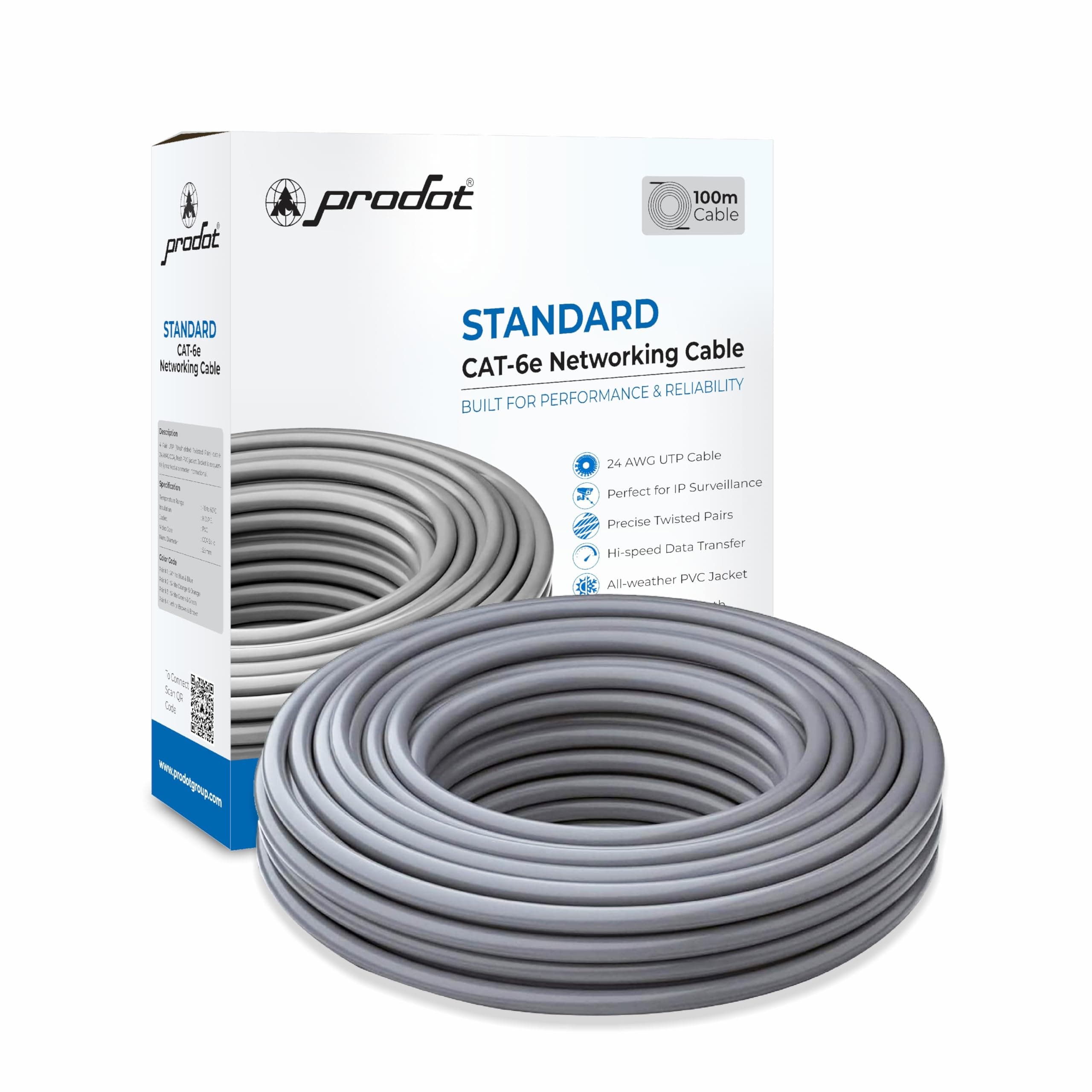 ProDot Cat 6e 100 Meter Ethernet Cable/Lan Cable/Network Cable I High Speed 250MHZ I Weatherproof/UV Resistant I RJ45 Lan Cable I -10° To 60° Weather I Solid Conductor I 4 Pair Without Connector
