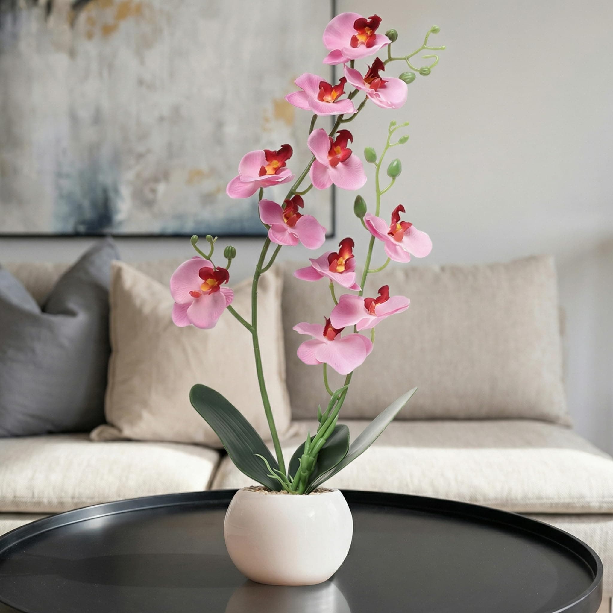Decor & More Artificial Orchid Flowers with White Ceramic Pot 43 Cm| Phalaenopsis Orchids for Table Centerpiece | Realistic Fake Flower for Bedroom and Office Decoration, Rose Pink Set of 1