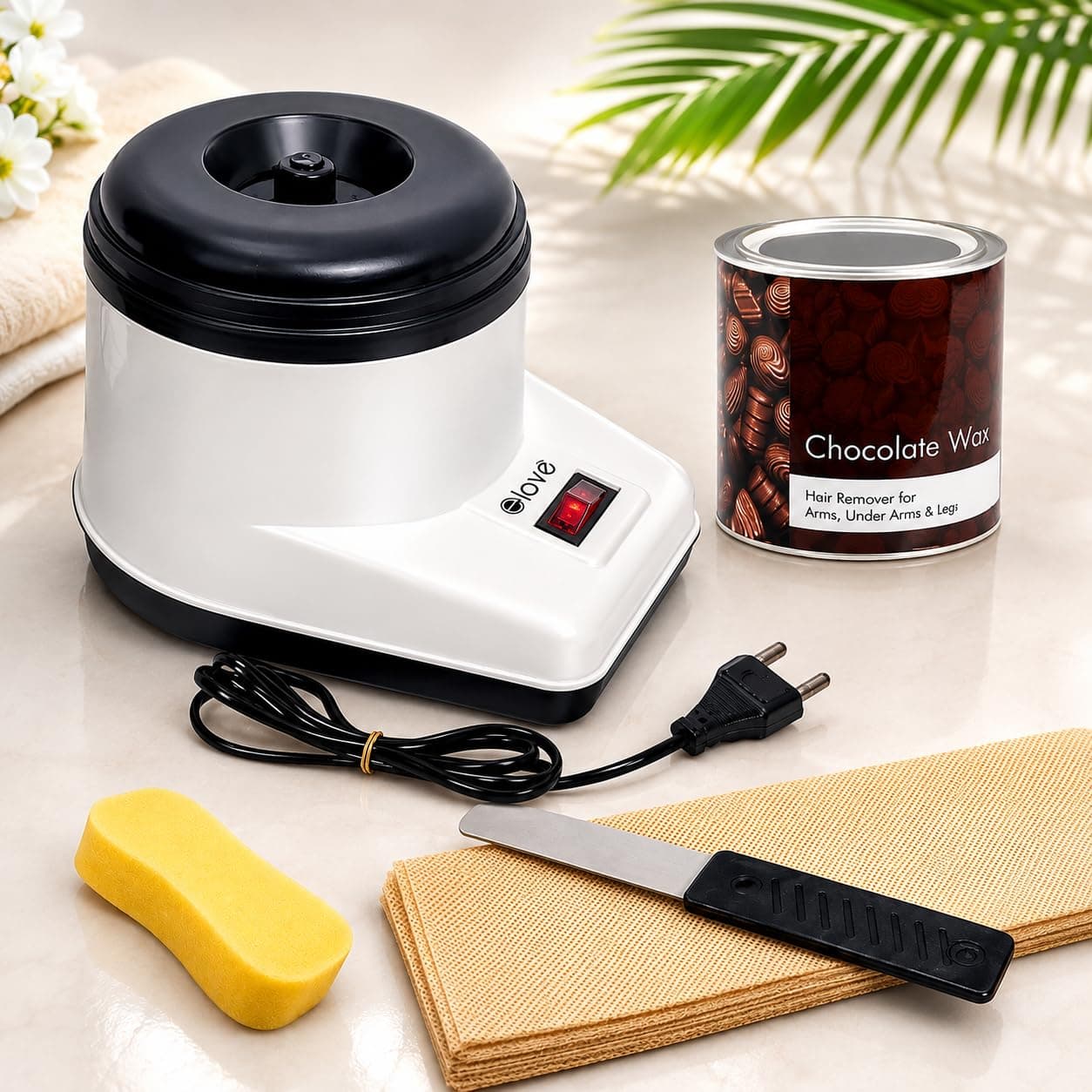 Elove Wax Heater Machine Hair Removal Kit | Full Body Chocolate Wax | 600ml | 15 Big Waxing Strips | Wax Applicator Knife | Cleansing Sponge | Waxing Kit for Women & Men |