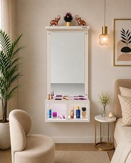 Wall Mounted Dressing Table with Mirror, Vanity Desk for Bedroom, Space Saving Makeup Organizer Shelf, Wooden Cosmetic Cabinet, Modern Unit for Small Rooms, Makeup and Storage Compartments