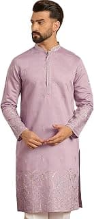 Ethnic Bay Mens Lavender Silk Blend Embroidered Floral Calf Length Kurta | Men's | Kurta for Men | Straight Fit Kurta's for Men's