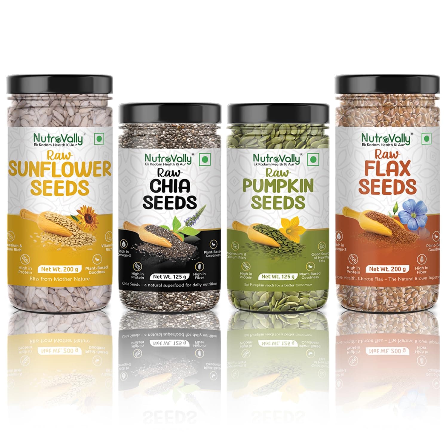 Nutrovally Dry Fruits Seeds Combo (Pumpkin + Chia) each 125g + (Sunflower + Flax) each 200g |Combo for Smoothies, Breakfast & Snacks| Healthy Seeds for Eating (Pack of 4) 650g