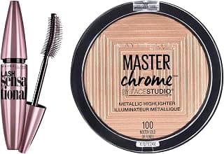 Maybelline New York Face Studio Master Chrome Metallic Highlighter, Molten Gold, 6.7g & Maybelline New York Lash Sensational Waterproof Mascara, Black, 10 ml