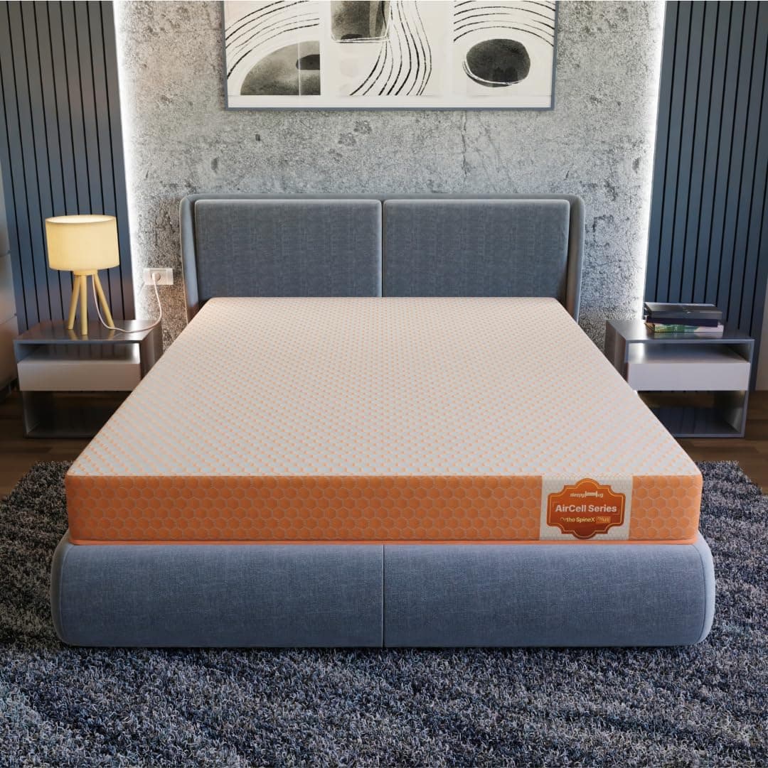 SleepyHug AirCell Ortho Spinex Plus 4 inch HR Foam Mattress | 3 Zones Support |5 Years Warranty | Back Pain Relief |Spine Alignment | Queen Bed Size White & Orange (LxWxH -78x60x4 Inch)