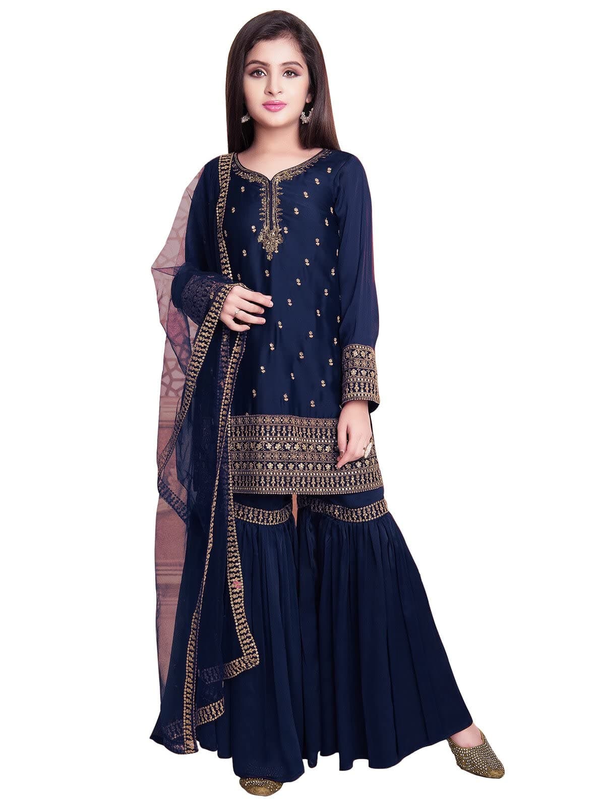 White Button Girls Georgette Sharara Suit Set | Premium Designer Ethnic Wear for Kids