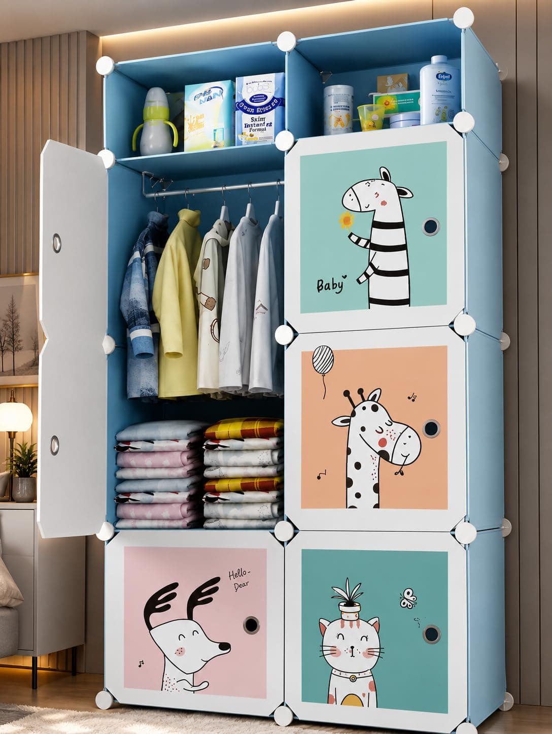 EXVITO 6+2 Door Kids Plastic Wardrobe for Clothes, Foldable Plastic Almirah for Clothes, Collapsible Wardrobe for Storage, Baby Cupboard for Clothes, Storage Rack for Kids - Blue