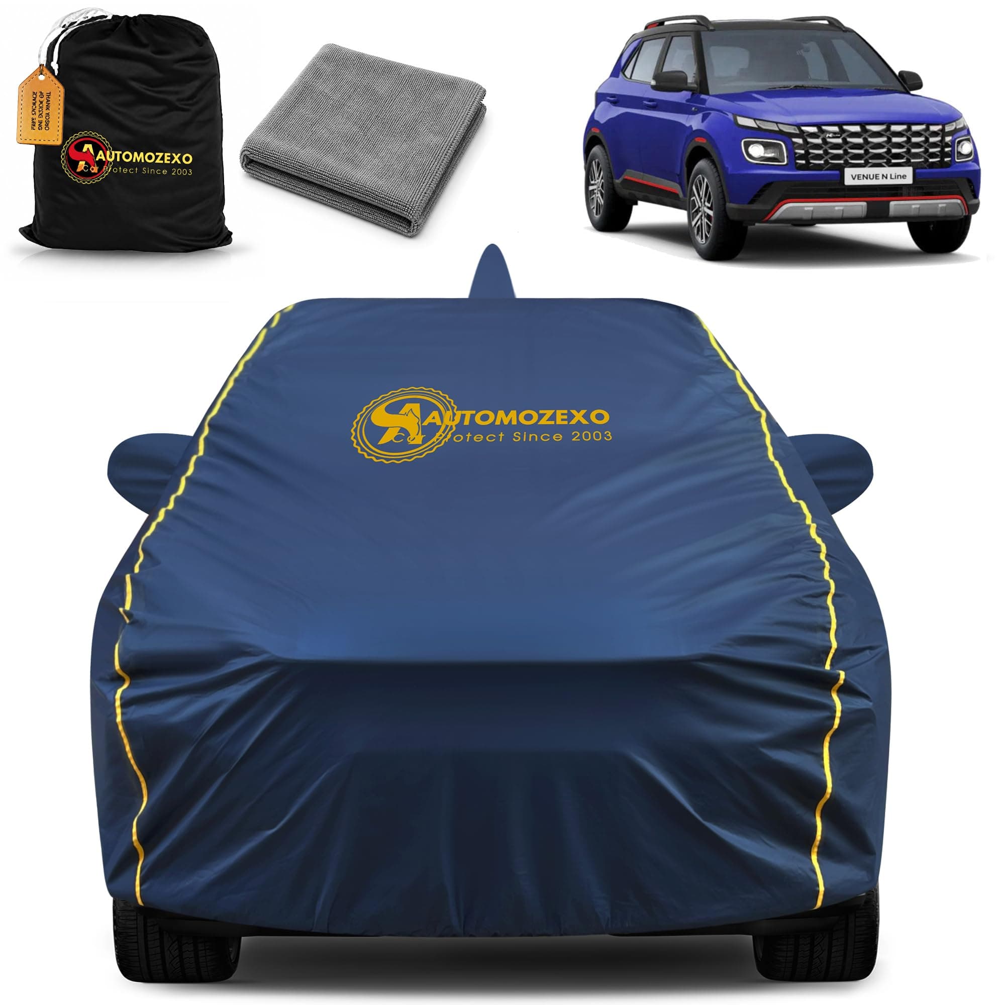 AUTOMOZEXO® Hyundai Venue 100% Waterproof Car Cover (Midnight Blue) 6LYR HDPE 200gsm Strong Fabric for All Weather Protection, Mirror & Antenna Pocket, Cotton Layer Cover, Adjustable Elastic Straps