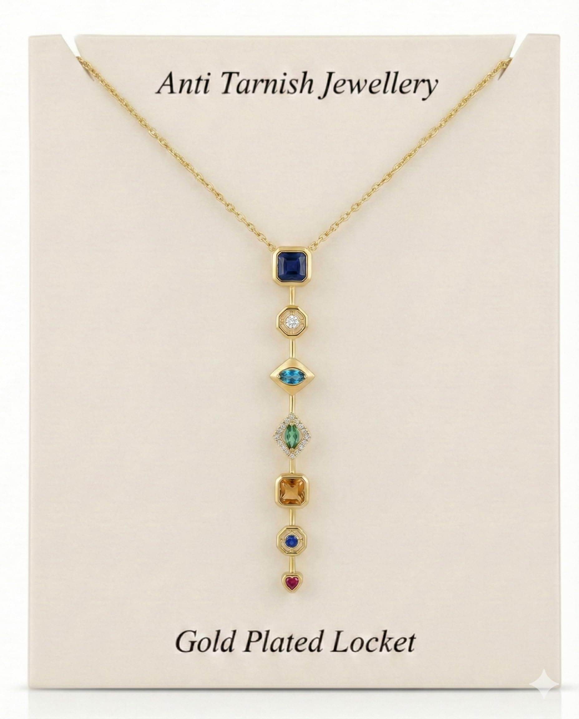 Anti Tarnish Pendant Necklace for Women | 7 Stone Multi-Color Elegant Multiple Stone Chain for Women | Luxury Gold Plated Locket