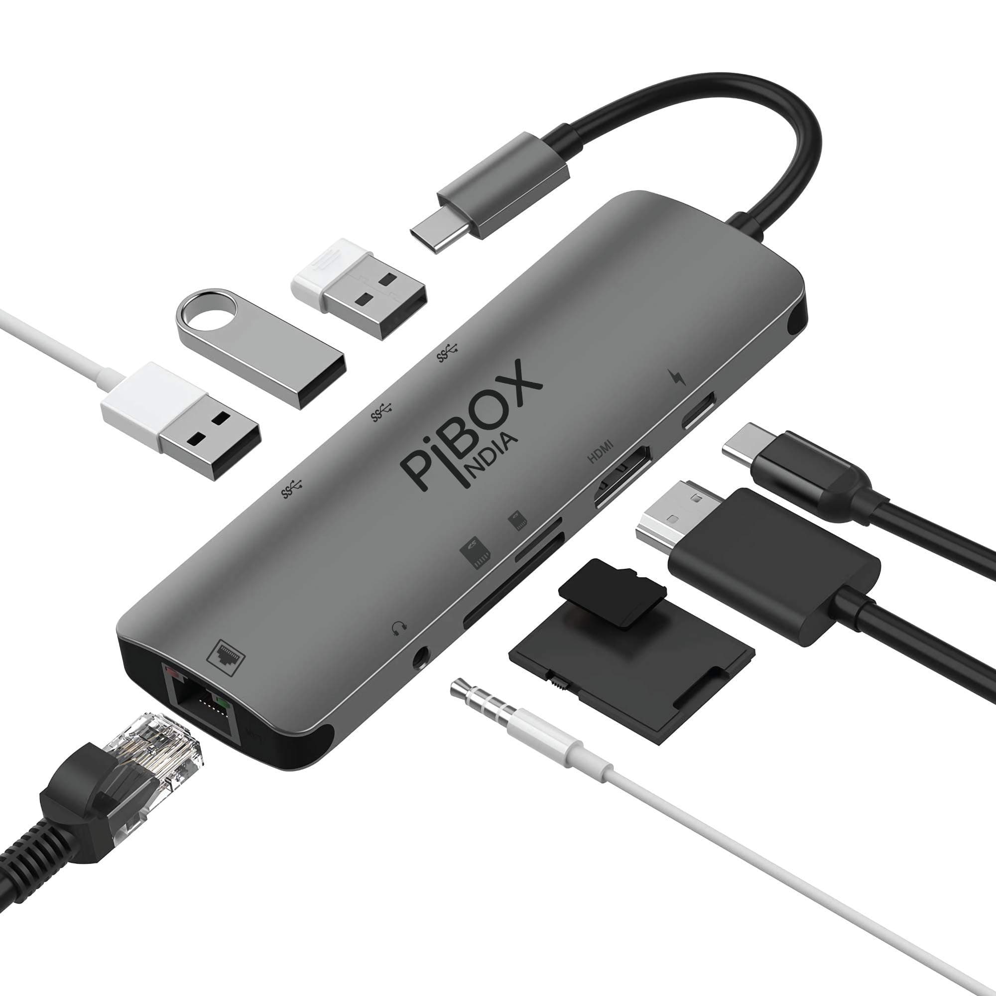 PiBOX India, USB C Hub Dock- 9 in 1 Aluminum Type C Adapter with 4K HDMI, Ethernet 1000mbps RJ45, 3 USB 3.0, USB-C Power Delivery, 3.5mm Audio only, TF/SD Card Reader, MacBook / /Samsung USB C Devices