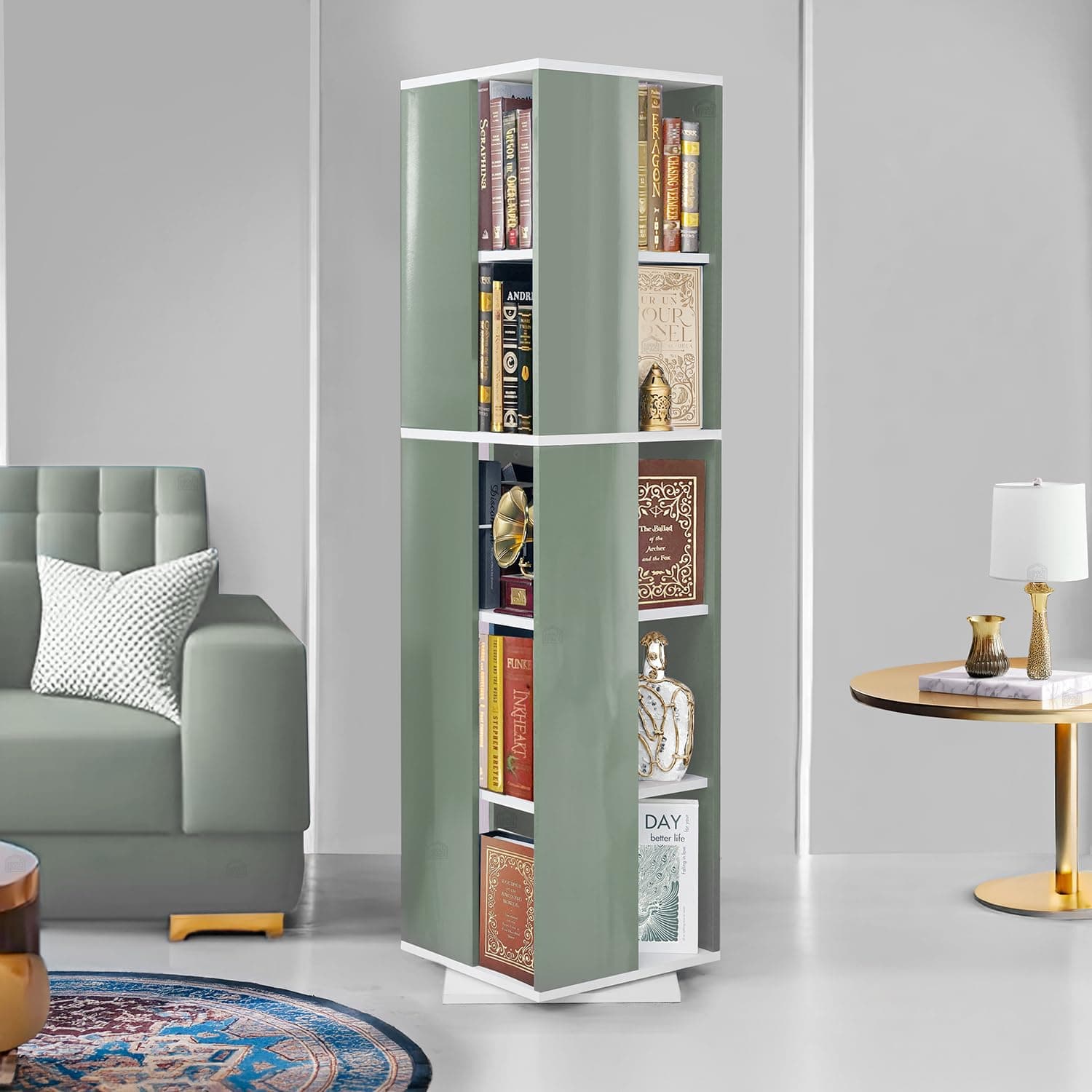ABOUT SPACE Rotating Book Shelf for Home Library - 5 Tier 360° Book Rack | Semi UV Gloss Laminate DIY Engineered Wood Book Stand with Partition & Bottom Turnplate (Green &White L 38 x B 38 x H 150 cm)