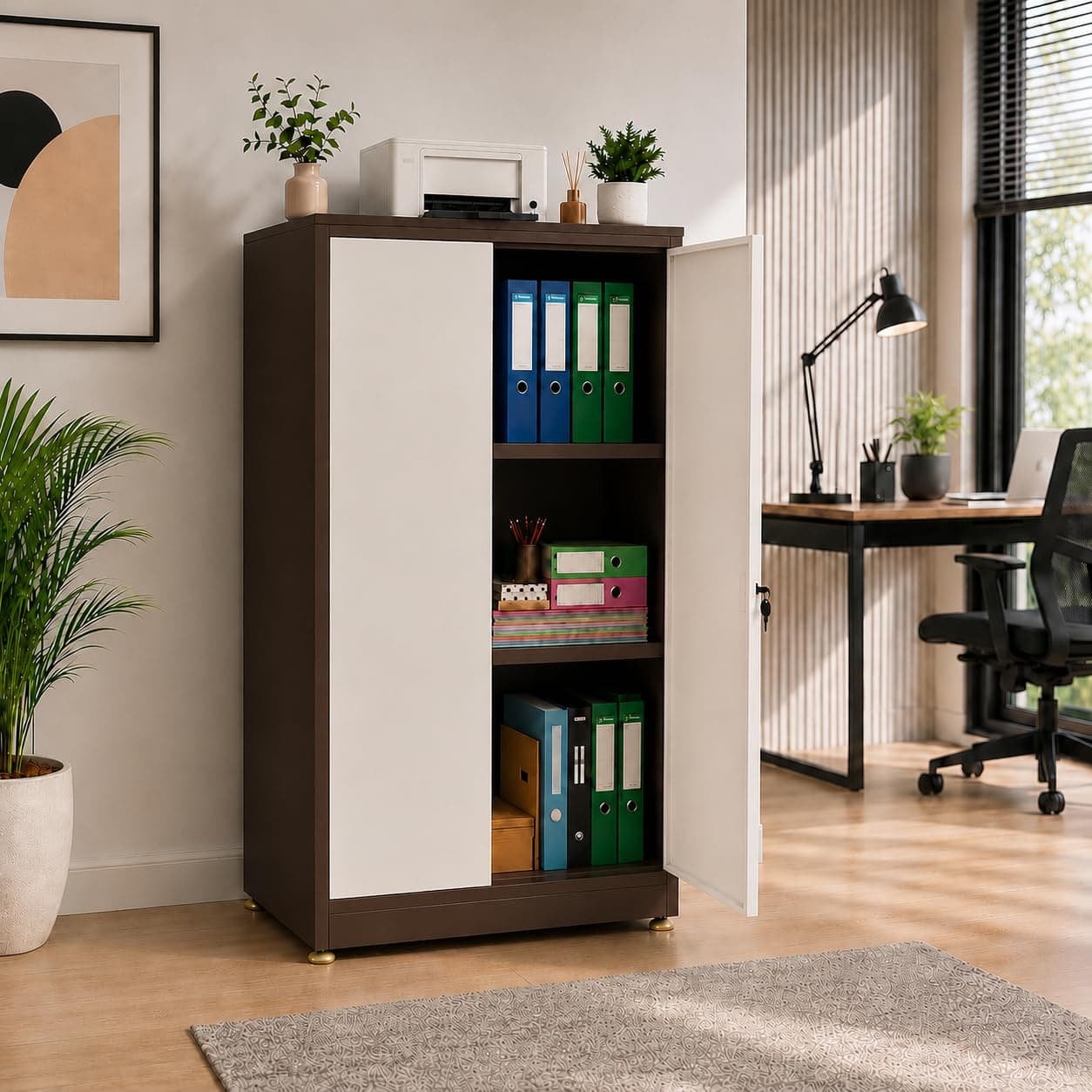 Amazon Brand - Solimo Steel Almirah 4.4 ft (0.8 mm Gauge) | Plain 2 Door Metal Cupboard with 3 Compartments | Powder Coated Rust Resistant Storage Cabinet for Home, Office & Library Brown