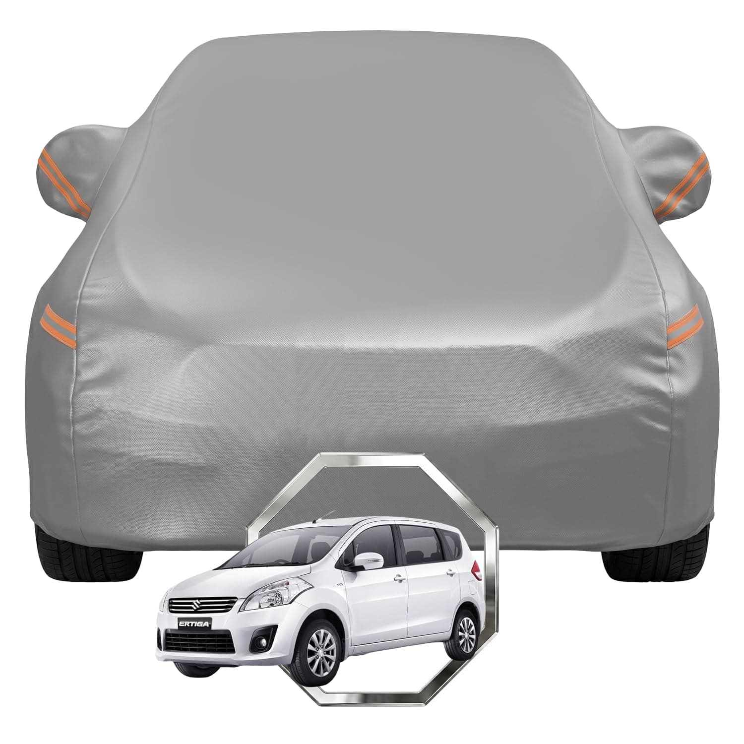 Pivalo Car Cover for Maruti Suzuki Ertiga All Model & Years with Mirror Pocket 100% Waterproof Triple Stitched Bottom Elastic Dust, Heat & UV Resistant Full Body Protection (Grey with Highlighter)
