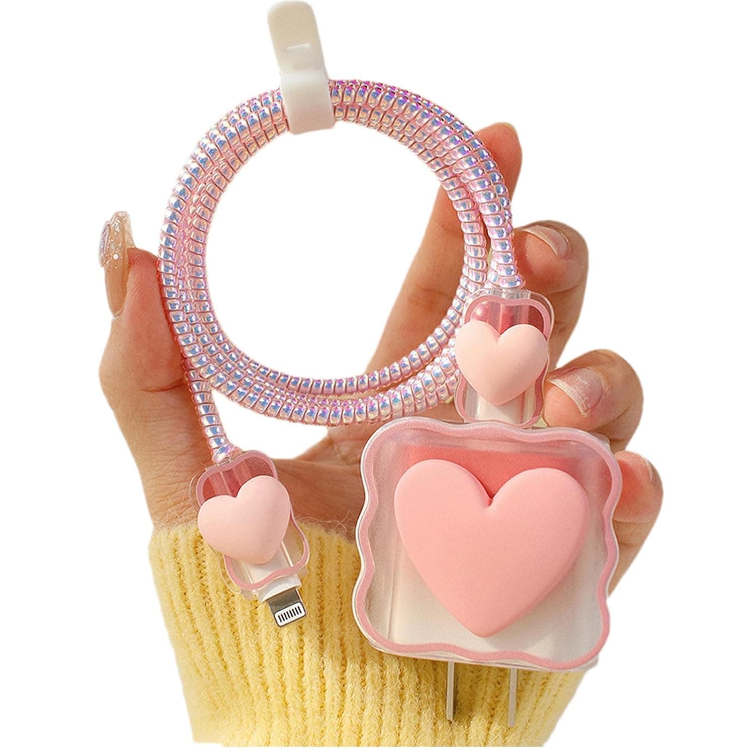 CERLINK for Apple 18W/20W Charger Cover Cable Protector | 5 in 1 Transparent Charger Case Compatible with iPhone Chargers 18W & 20W Full Charger Protection (Pink Love Heart)