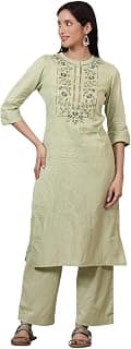 Aurelia Women's Green Embroidered Yoke Pure Cotton Straight Kurta and Pants Set