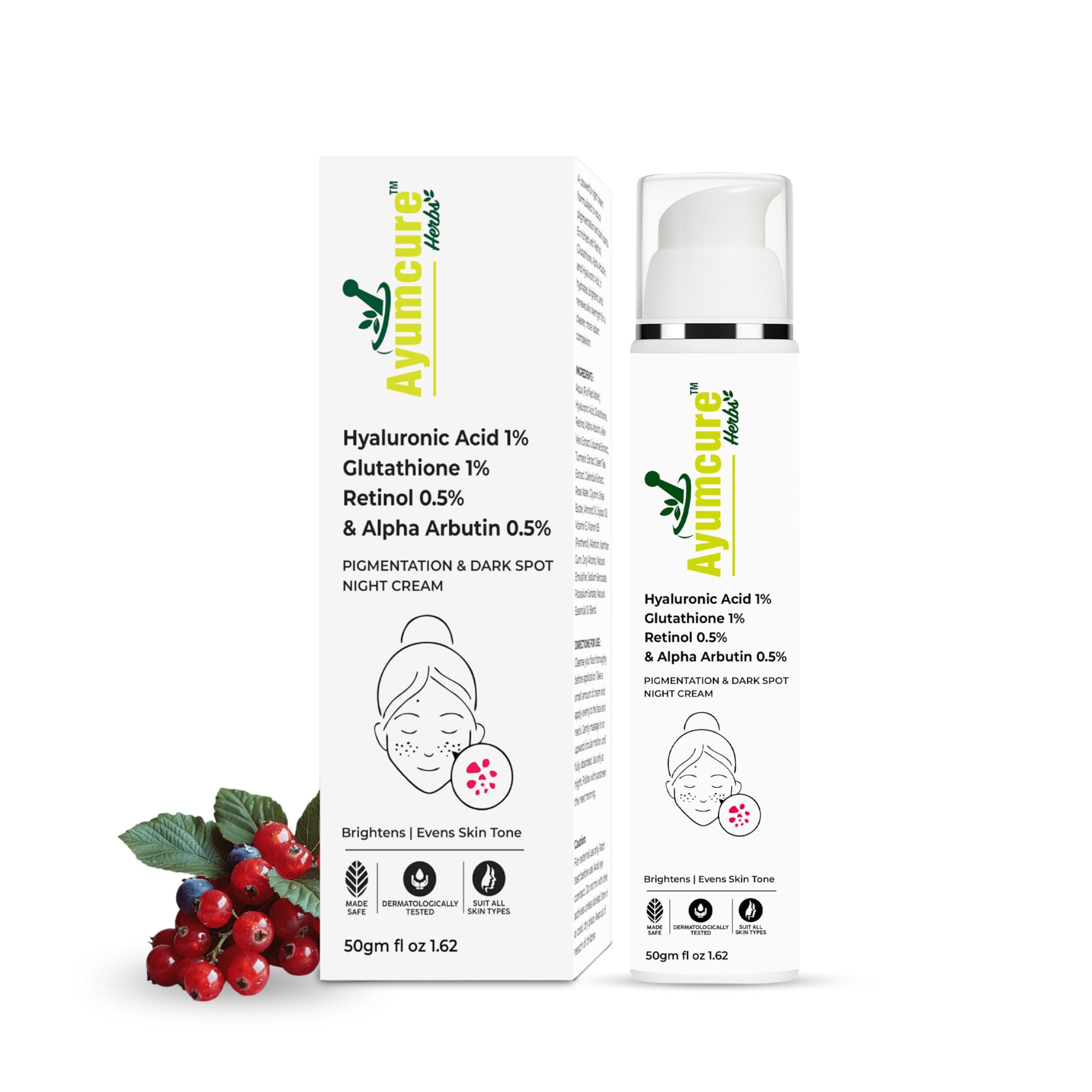 Ayumcure 0.5% Retinol Night Cream | 50g | With 1% Hyaluronic Acid, 1% Glutathione & 0.5% Alpha Arbutin | Brightens, Evens Skin Tone & Reduces Dark Spots | Unisex | All Skin Types