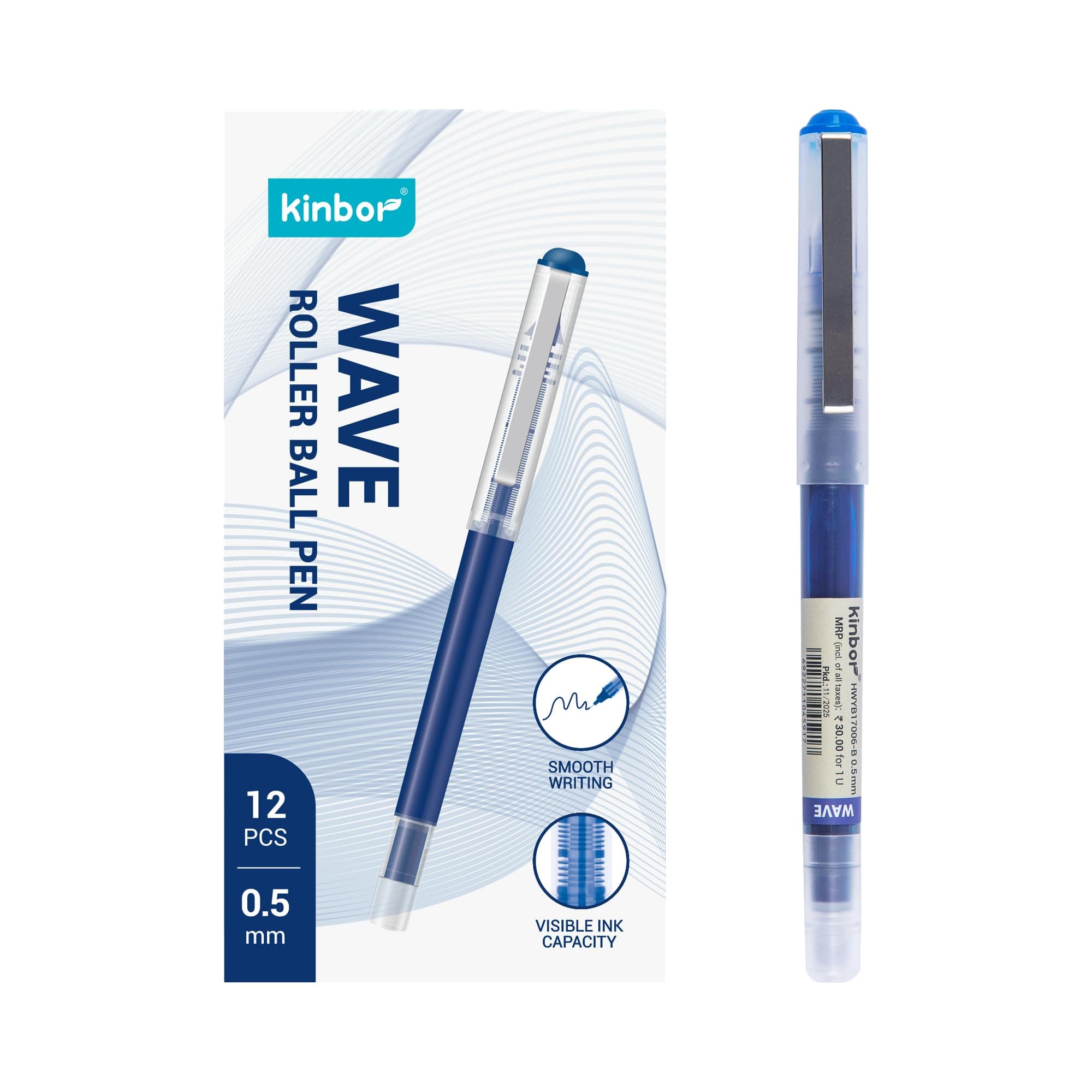 Kinbor WAVE Roller Ball Pens – 0.5mm Fine Point, Blue, Pack of 5 – Smooth Writing Pens with Visible-Ink Window, Quick-Drying, Smudge-Free Gel-Ink Pens for Office, School, and Journaling