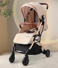 Bonfino Premium Runway Cabin Stroller Adjustable Canopy & Reclining Seat, Foldable Baby Pram with 5 Point Safety Harness, Storage Bag, Mosquito Net & Bottle Holder, Trolley Handle,0-3 Years (Beige)