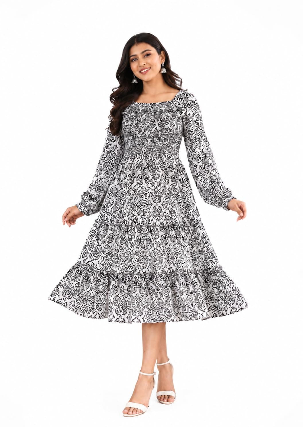 Yash Gallery Women’s Wrinkle Free Printed Midi Dress with Square Neck Full Balloon Sleeves Casual Western One Piece Dress for Women & Girls