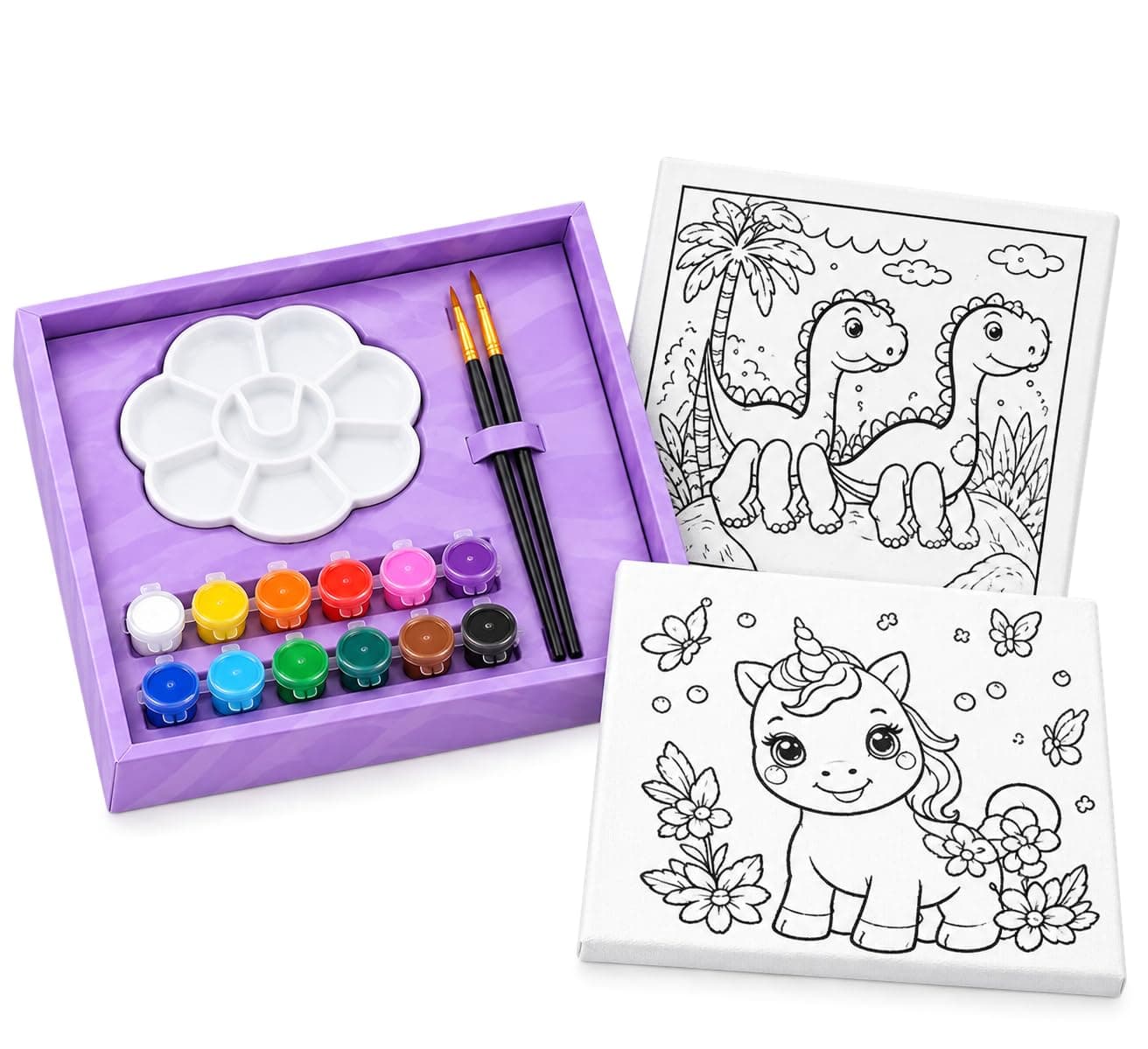 SilkO Painting Kit with 2 Printed Canvases, 12 Colors, 2 Brushes & Palette | DIY Art & Craft Set for Kids, Beginners & Gifting