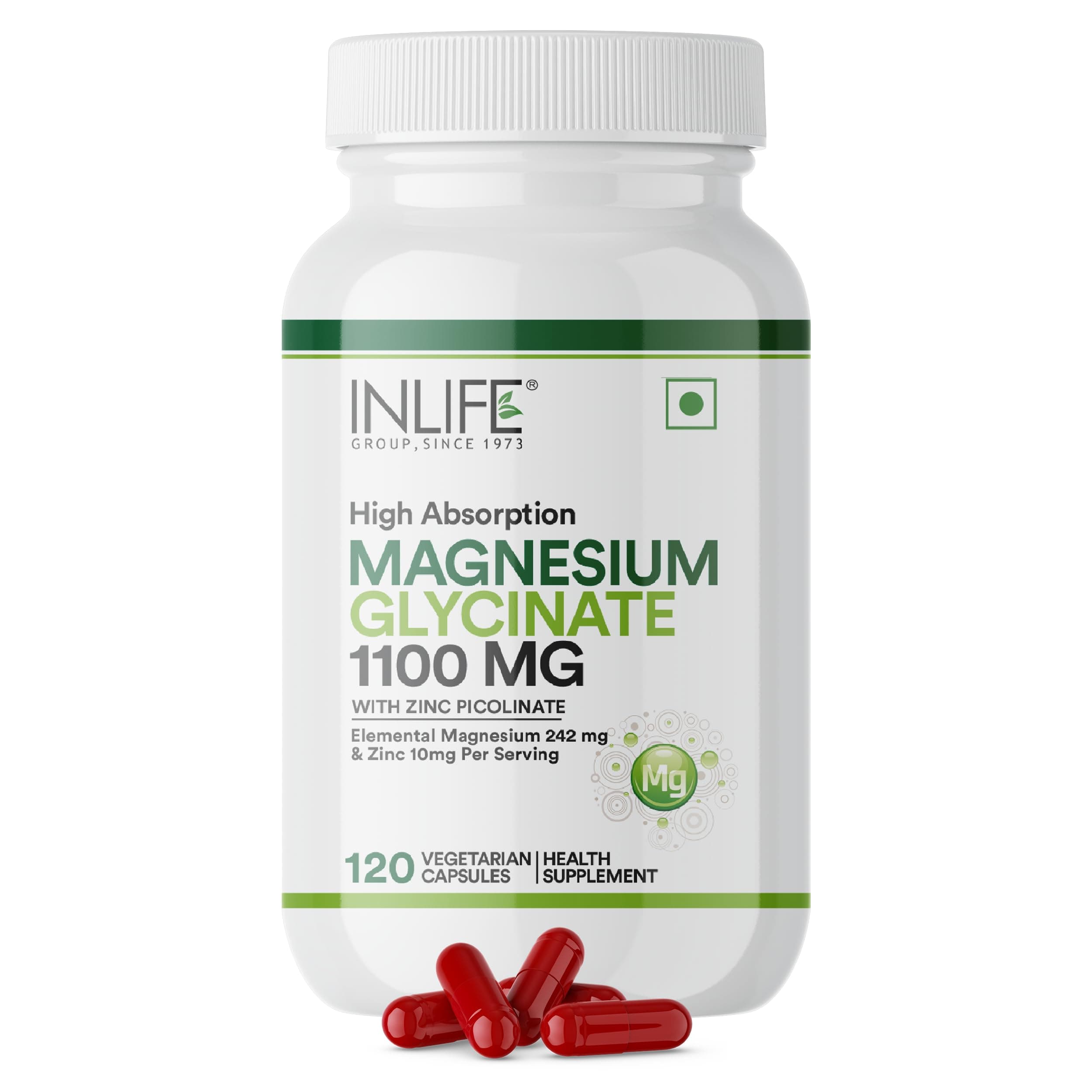 INLIFE Magnesium Glycinate with Zinc Picolinate, Chelated Bisglycinate, Muscle Sleep & Nerve Health, Men Women, 120 Veg Capsules (Pack of 1, 120, count)