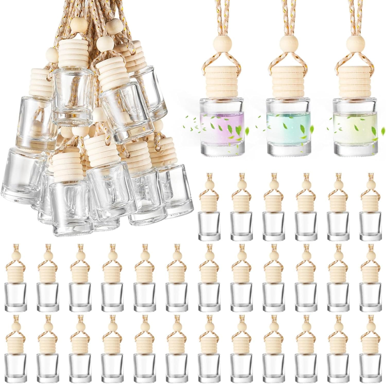 Hunky Dory 12pcs 10ml Hanging Car Air Freshener Diffuser Bottles Empty Glass Perfume Bottle Pendant for Essential Oil Fragrance Aromatherapy Bottle Ornament (Clear,Cylinder)