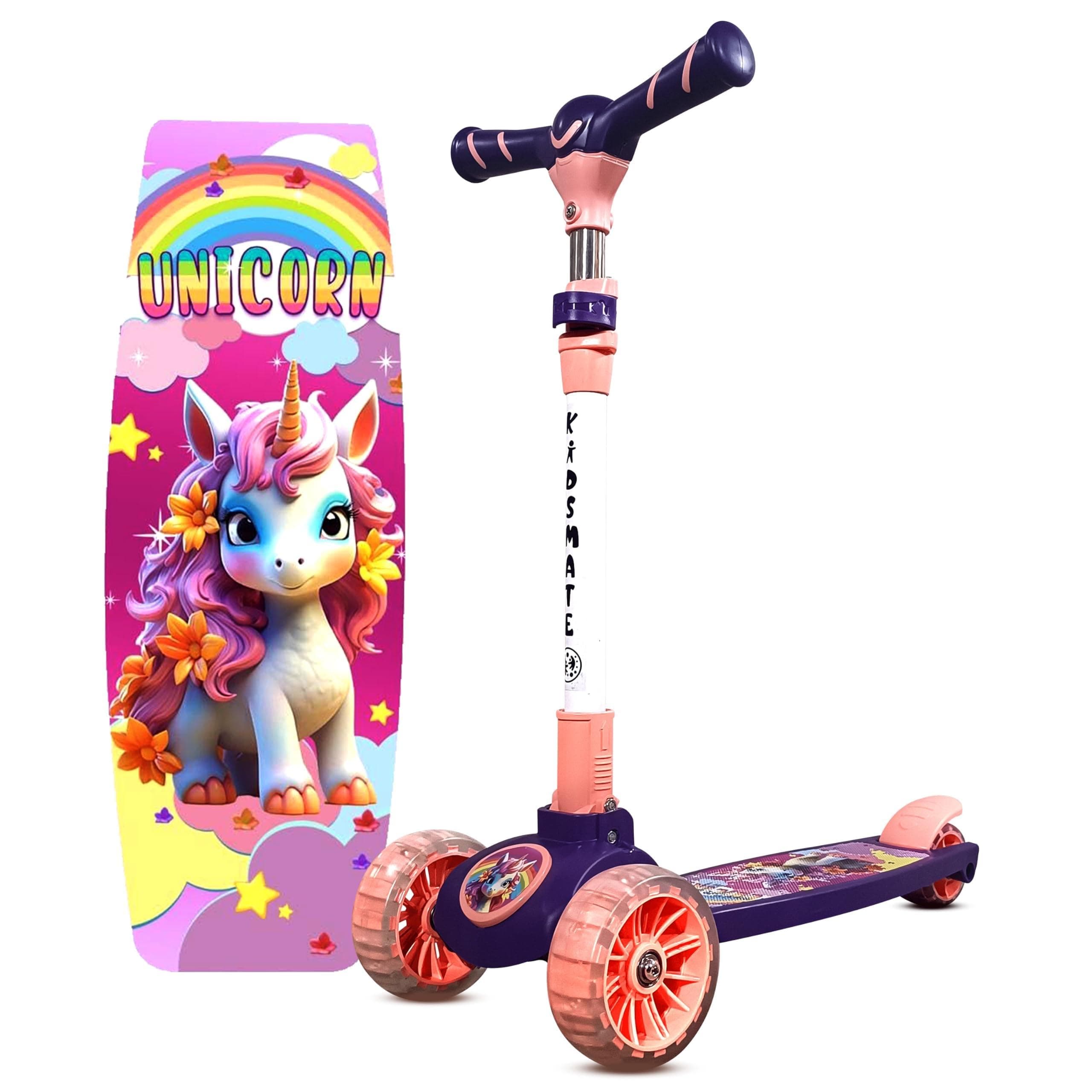Kidsmate Spartan Kick Scooter with Broad PU LED Wheels | 3-Wheel Skating Scooter for Boys & Girls of Ages 2-12 Years | Level Adjustable Height, and Easy Fold Design (Pink-Purple)