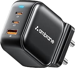 Ambrane 65W Charger Adapter, 3 Ports - 2 Type C & 1 USB for Samsung, Type C Laptops: MacBook, Dell, HP, ASUS, Fast Charger with PD Technology & GaN Technology for All Devices (RAAP G65, Black)