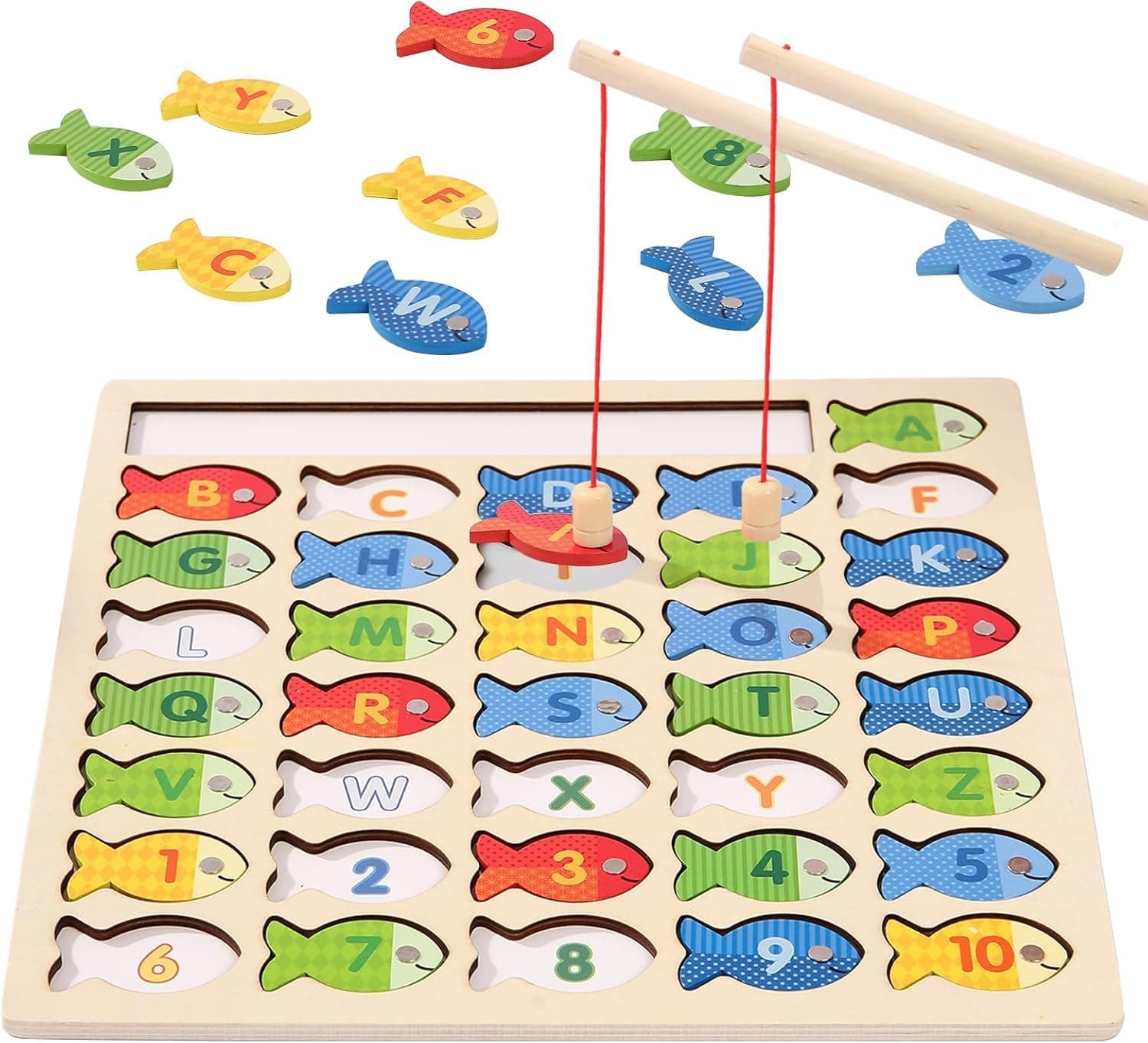SHINETOY Magnetic Alphabet Numbers Fishing Game, Wooden ABC Letter Numbers 123 Color Matching Puzzle Fine Motor Montessori Educational Toy for Preschool 3 4 5 Year Old Toddlers, 2 Poles