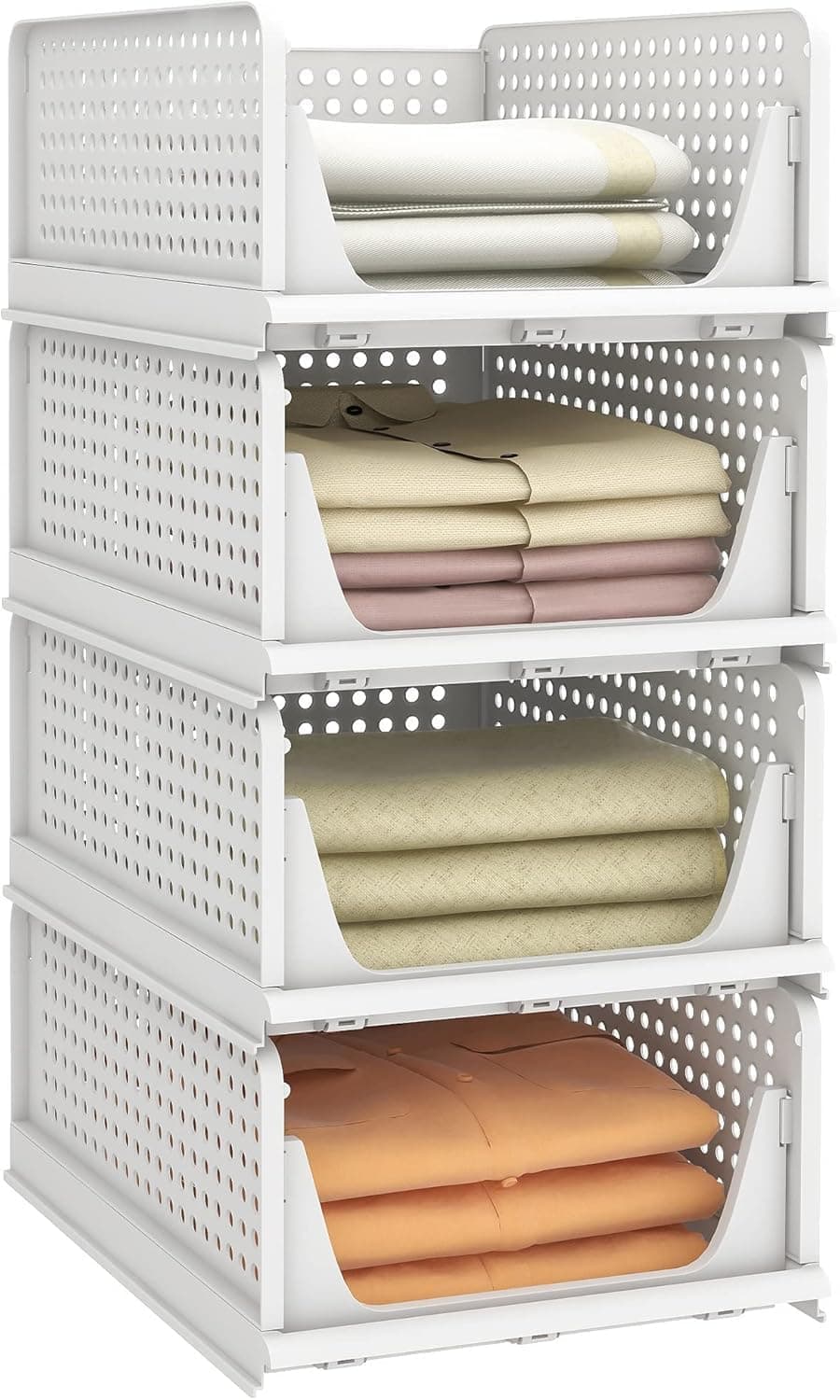 HOMIFLY Set of 4 Large Foldable Cloth Storage Organizer/Stackable Wardrobe Organizer For Clothes/Multipurpose Sliding Basket/Rack Organiser for Storage/Shirt Stacker Box (44 x 33 x 72 cm, White)