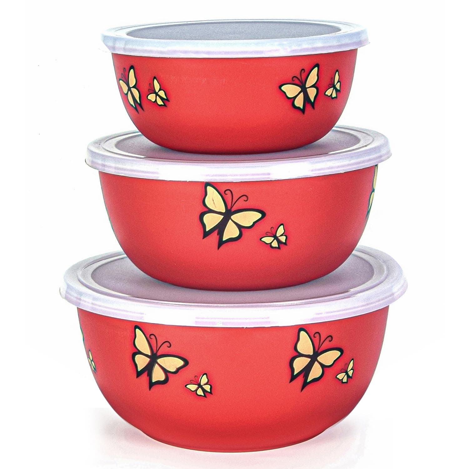 Zaib Stainless Steel Microwave Safe Euro Mixing Bowl Set with Lid | Pack of 3 (14cm,16cm,18cm) | 500ml, 750ml, 1250ml | Snap-Fit White Lid (Red Butterfly 3)