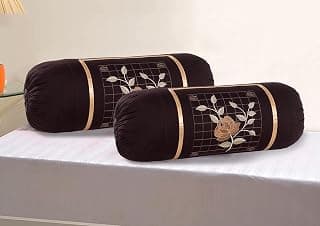 Rose Embroidery Bolsters Covers Set of 2 piece (Dark_Brown)