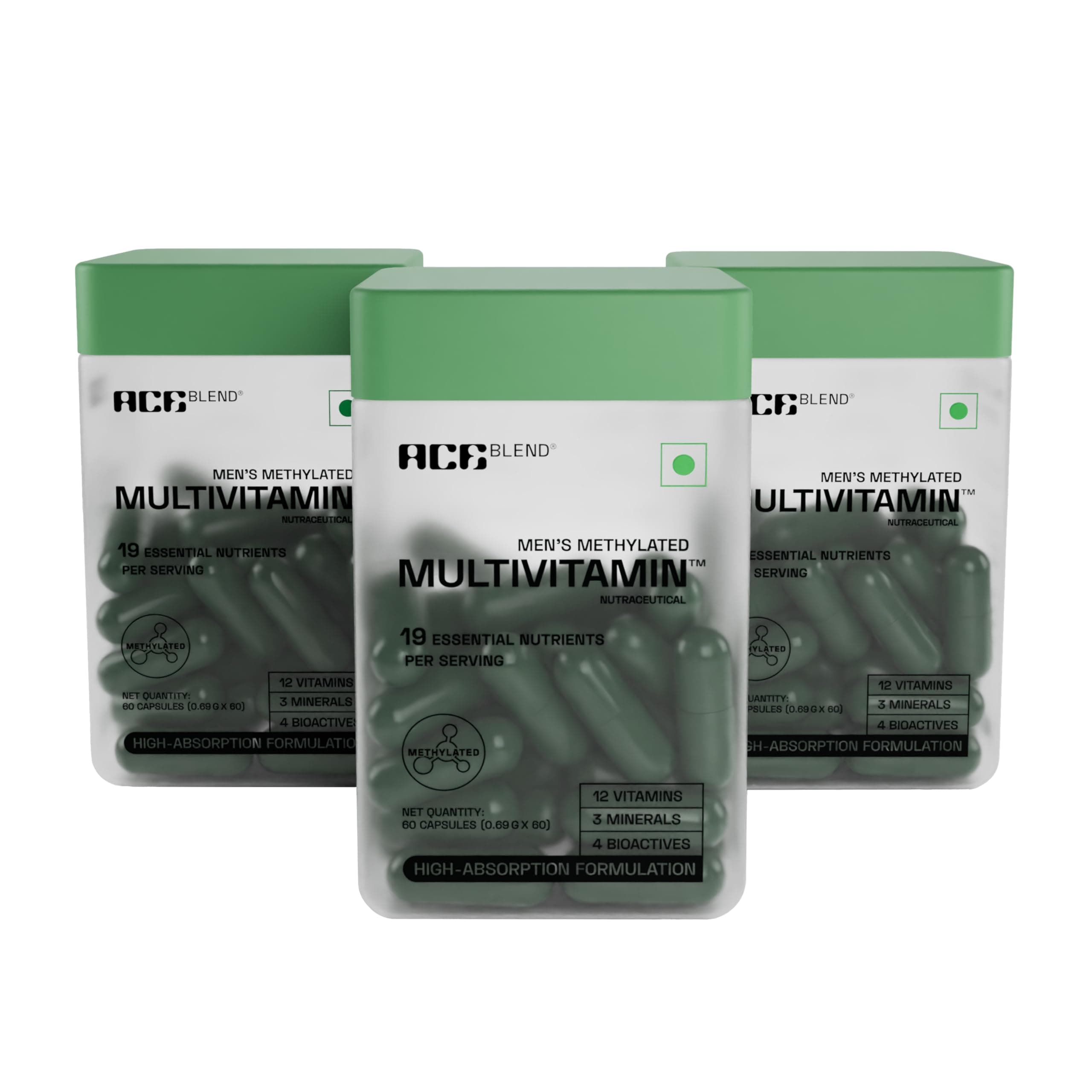 Ace Blend Multivitamin Capsules for Men | Pack of 180 | Methylated Multivitamin with 19 Essential Nutrients | Quatrefolic, MenaQ7 & Vitashine D3 | Supports Energy, Immunity, Focus & Heart Health