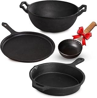 The Indus Valley Pre-Seasoned Cast Iron Cookware Set + Free Tadka Pan | Tawa (25.7cm)+Kadai (25.4/3.2L)+Fry Pan (25cm/1.6L) | Kitchen Cooking Combo Pots and Pans Set of 3Pc | Naturally Nonstick Black