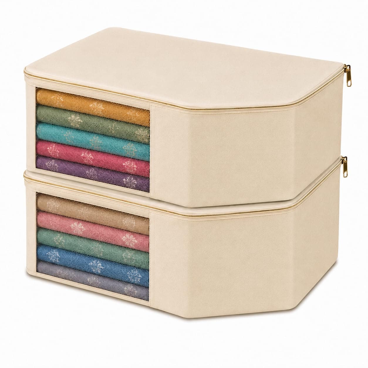 Kottify Blouse Storage Organizer Pack of 2, Cotton Canvas Saree Blouse Cover with Transparent Window, Dust Proof Wardrobe Storage Bags with Zipper for Women, 38x25x17 cm