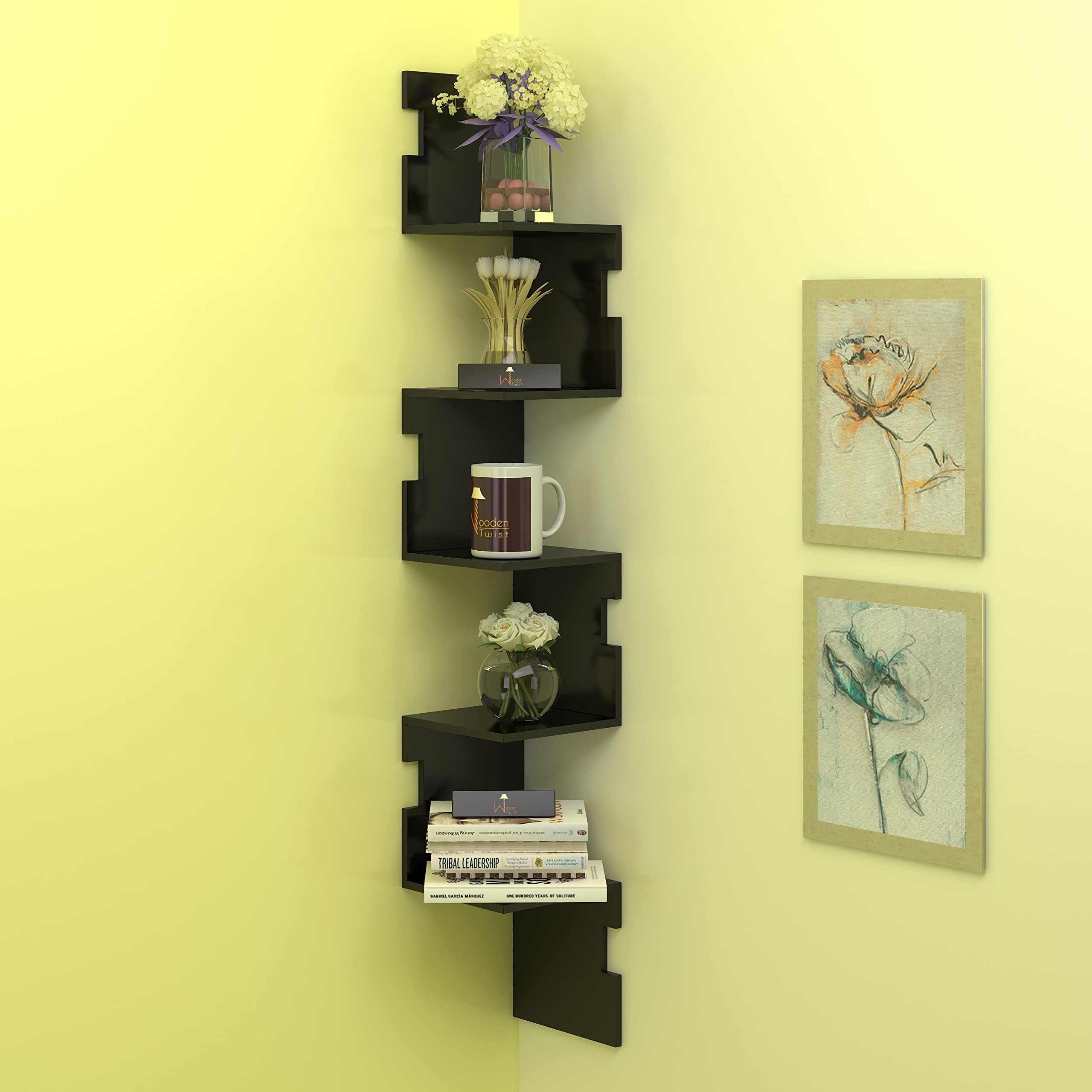 Onlineshoppee Zig Zag Alzak Floating Corner Shelves (Black)