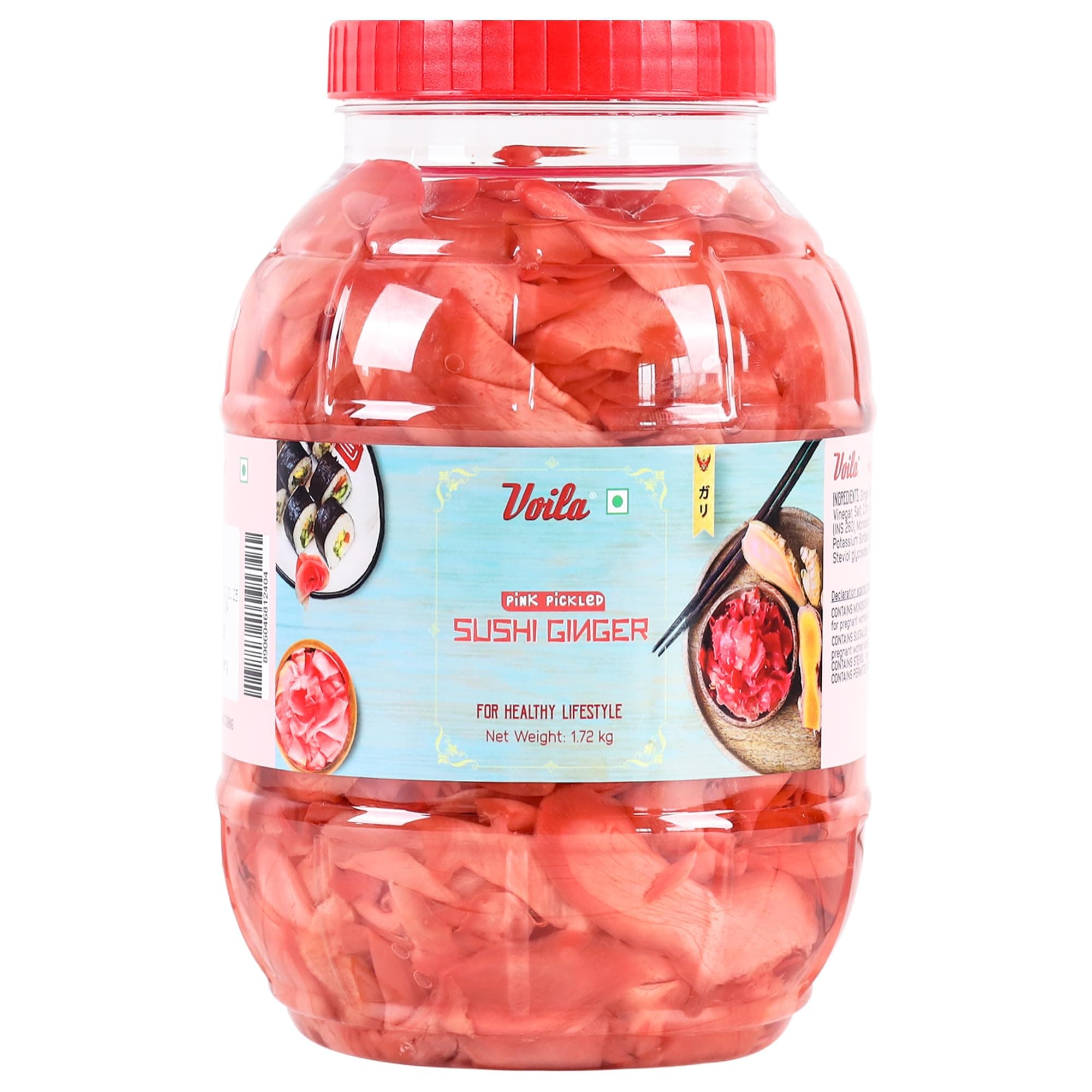 Voila Sushi Ginger Pickled 1.72 kg (Drained Weight - 1.14kg) | Japanese style Thin sliced Pink Ginger Pickled (Gari) | Ideal For Korean, Japanese, Chinese & Asian Cuisine