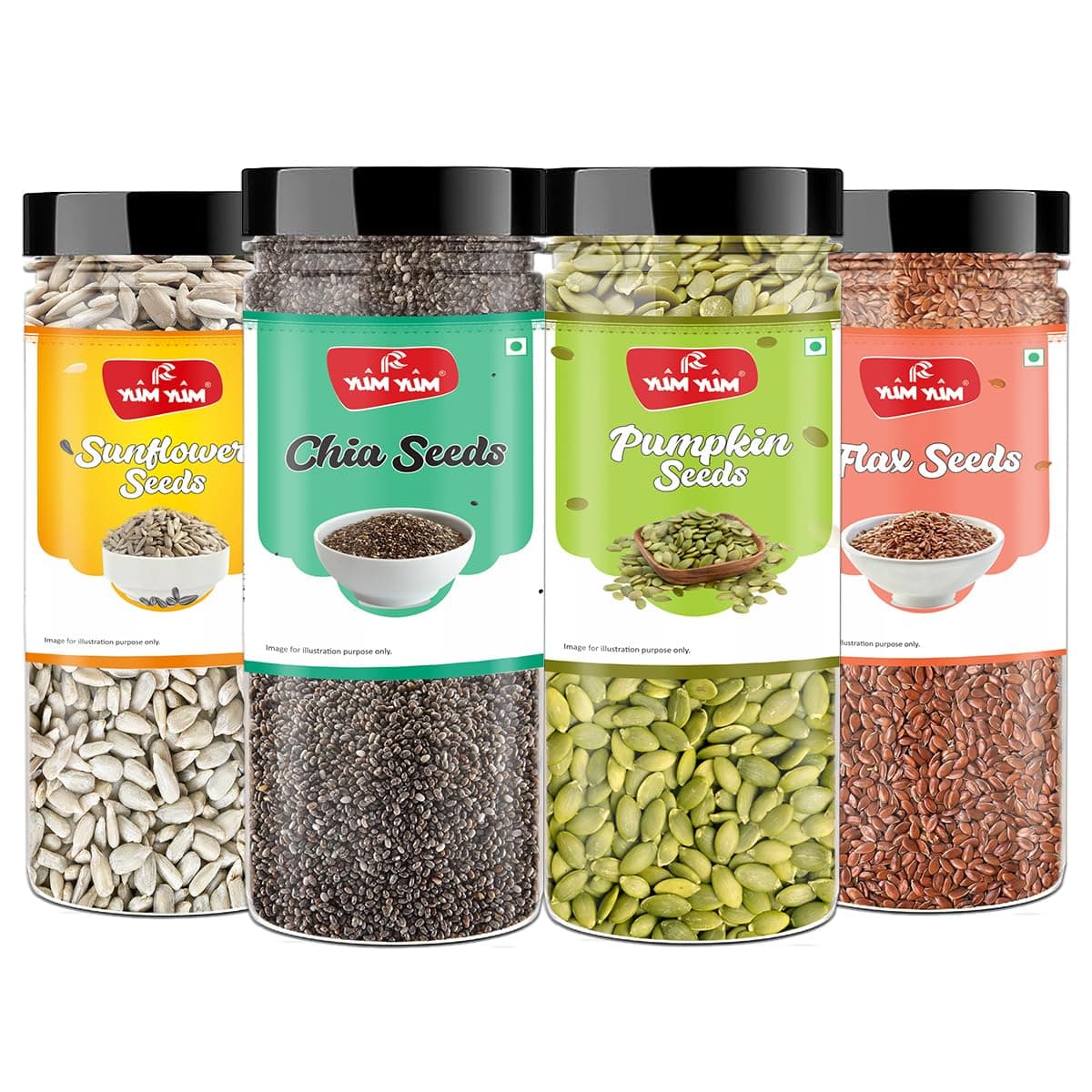 YUM YUM Edible Seeds Combo for Eating 800g (Pack of 4-200g Jar Each) Roasted Seeds Mix (Chia, Sunflower, Pumpkin, FlaxSeed) - Mixed Seeds | Diet Snacks | Mix Seeds