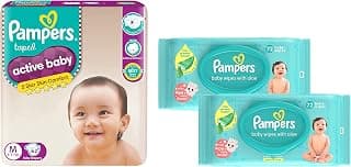 Pampers Active Baby Taped Diapers, Medium size diapers, (M) 62 count, taped style custom fit & Baby Gentle Wet Wipes with Aloe Vera 144 Wipes
