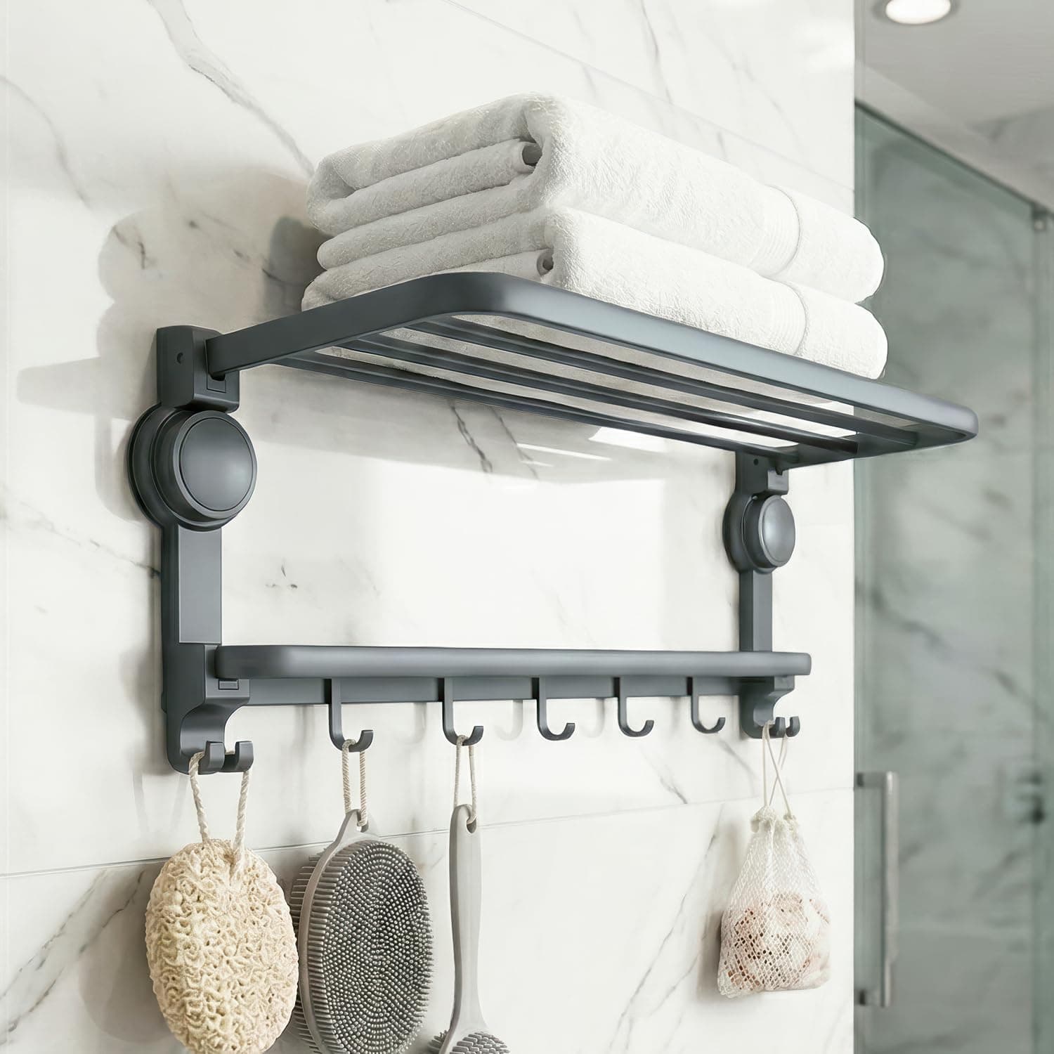 Amazon Basics Suction Towel Rack for Bathroom | Rustproof Wall - Mounted Towel Holder with Hooks | Strong Vacuum Grip, No Drilling Required Grey