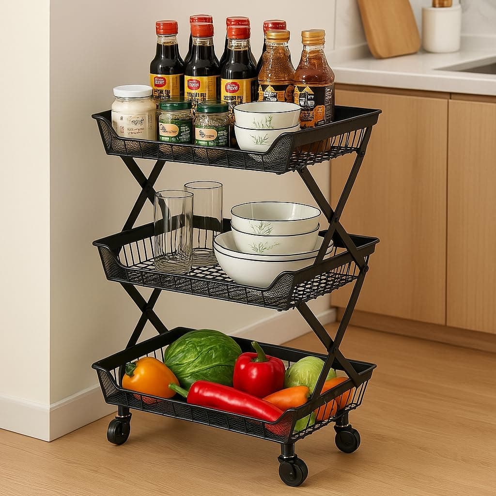 EXVITO Metal Microwave Stand, 2-Tier Microwave & OTG Stand for Kitchen Counter, Double Platform for Extra Storage with Hooks, Kitchen Oven Rack, Storage Rack for Kids - Beige (BLACK, 3 Tier)