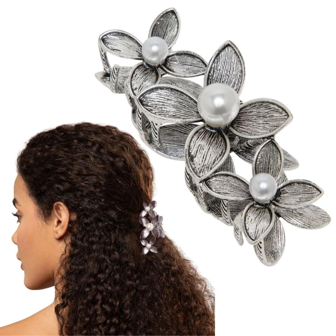 Radhu & Kabby Floral Pearl Hair Clip for Women & Girls | Antique Silver Metal Barrette with Flower Design | Elegant Hair Accessory for Party, Wedding & Everyday Wear | Pack of 1