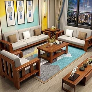 Solid Sheesham Wood Six Seater Sofa Set For Living Room/Office/Hotels/Café | Wooden Six Seater Sofa Set | Finish - Teak Finish | Cushion- Matte - 71X29X32 Inch