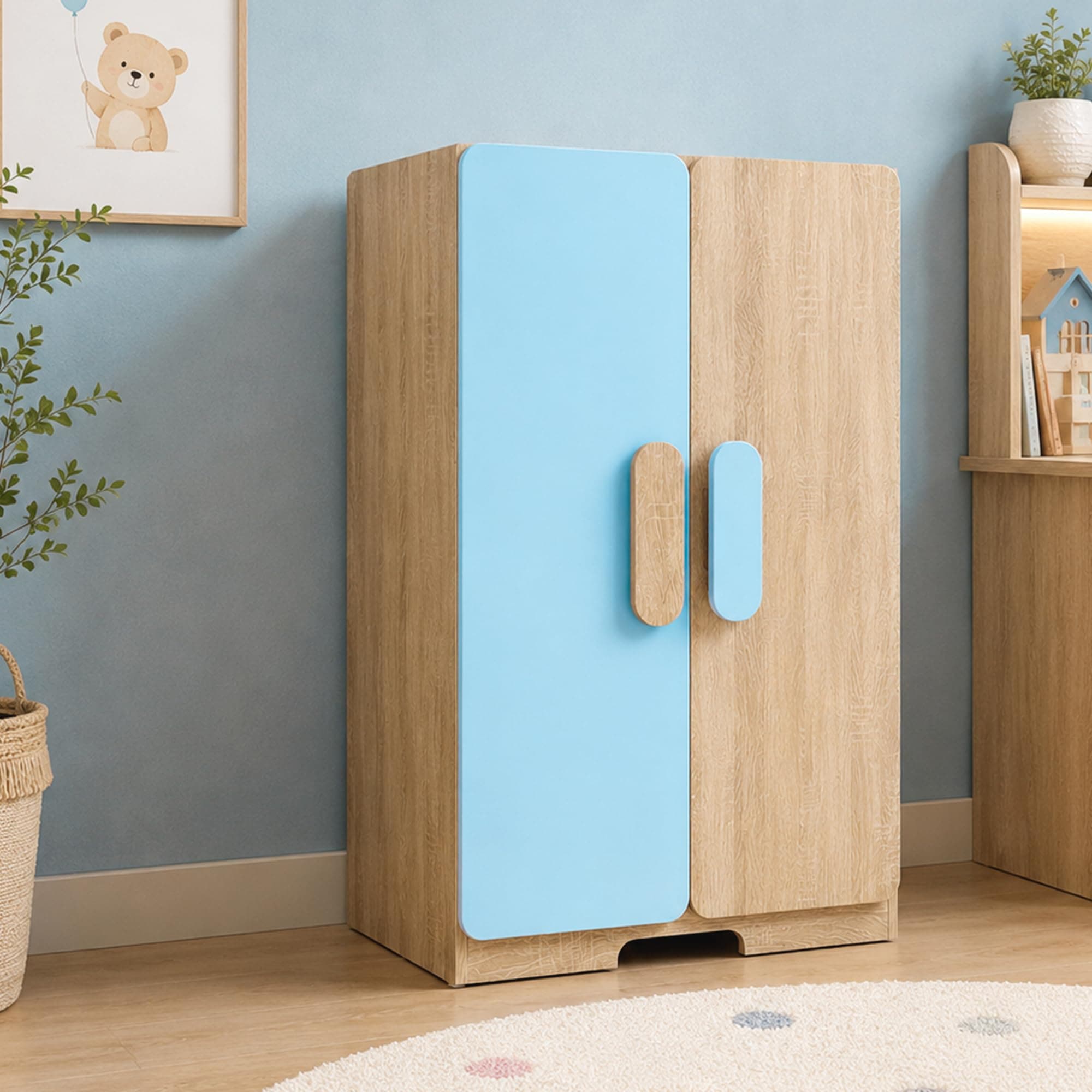 Alex Daisy Romania Kids 2 Door Wardrobe for 3-12 Years| Non-Toxic Safe Material | Soft Coated Premium Finish | Engineered Wood Kids Bedroom Storage Cupboard (Blue, Medium)