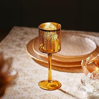 PURE HOME + LIVING Gold Pattern Glass Stem Candle Holder | Perfect for Lighting Decoration, Corporate Gifts, Home Decor and Festival | Tea Lights Candle Holder for Table Centerpiece (Pack of 1)