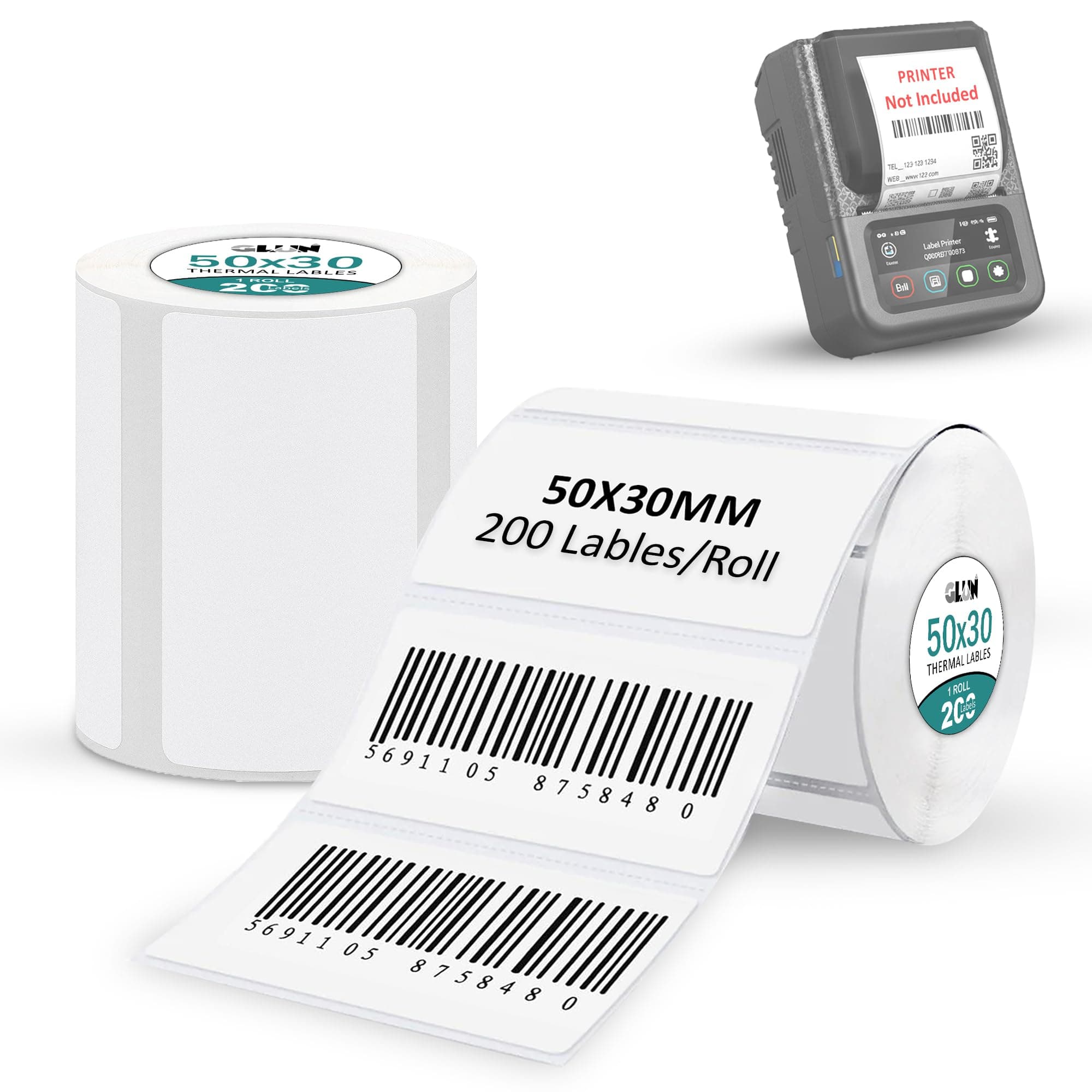 GLUN® 50x30mm Direct Thermal Labels Roll, 400 Smudge-Free Barcode & Shipping Sticker Labels for Thermal Printers, Price Tag Labels for Ecommerce, Retail Store & Office Use