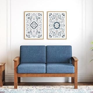 Urban Ladder Raynor 2 Seater Wooden Sofa, Finish- Amber Walnut, Fabric - Midnight Indigo Blue