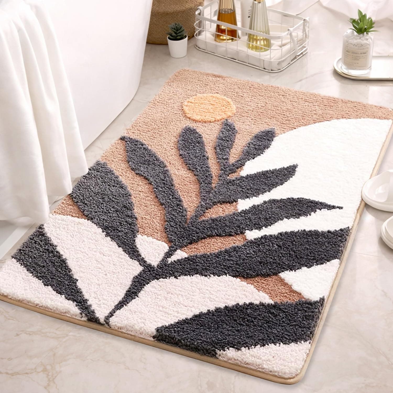 SITTELLA® Pack of 1 Bathroom Mat (60x40 cm) | 3D Leaf Print Microfiber Bath Rug | Ultra Soft, Highly Absorbent & Quick Dry | Anti-Skid Backing | Washable Floor Mat for Bathroom