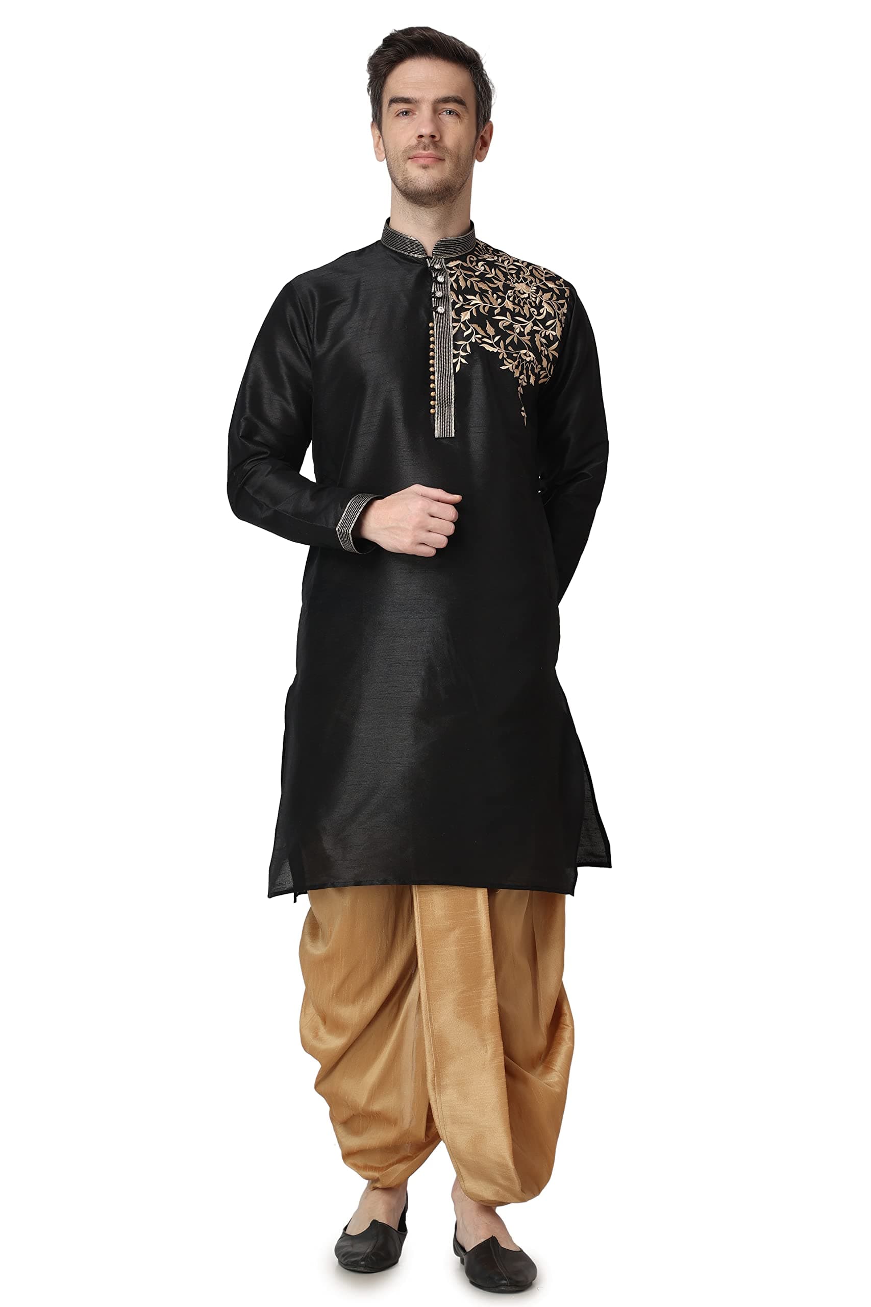 Royal Kurta Mens Cotton Silk Embroidered Kurta and Dhoti Pant Set