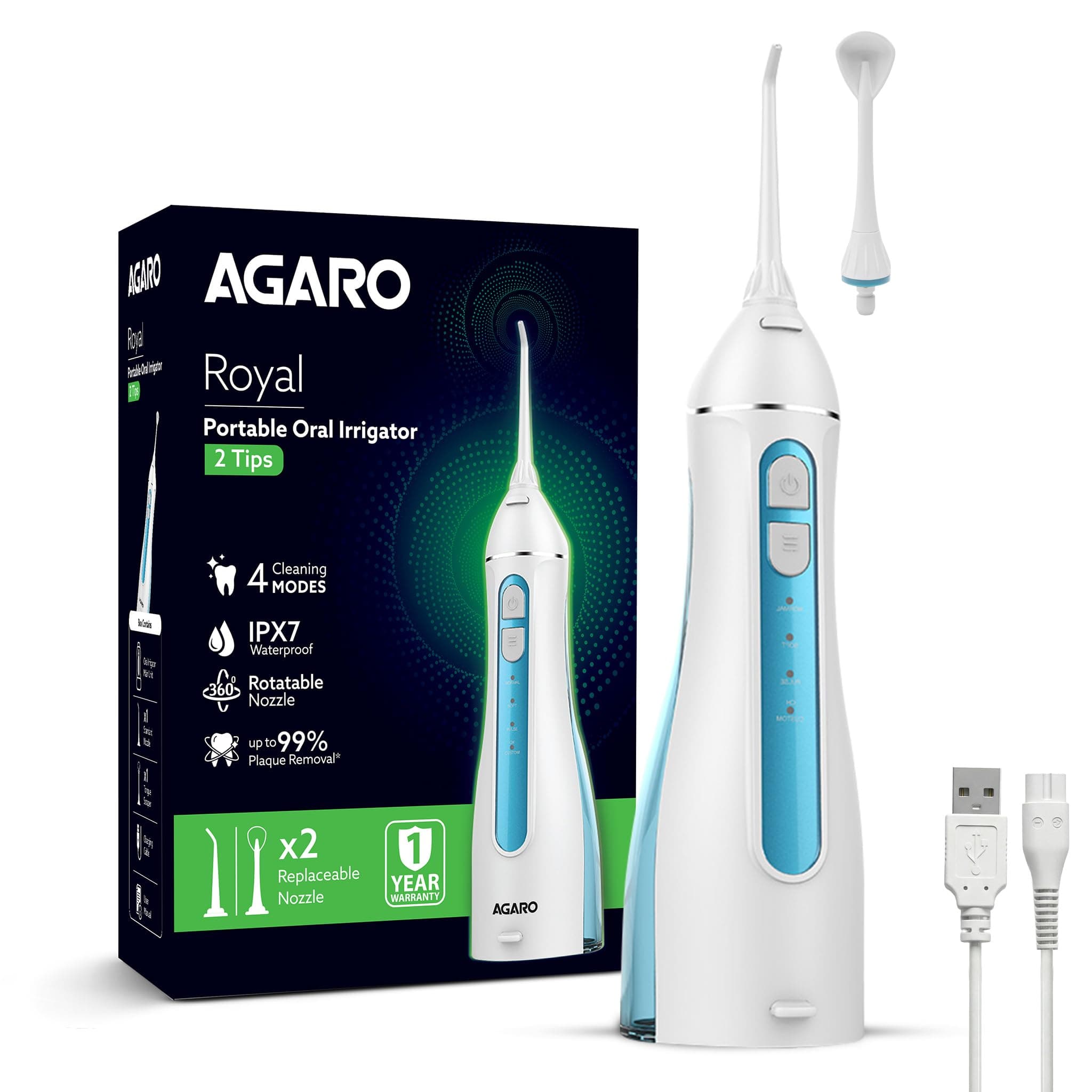 AGARO Royal Dental Flosser for teeth, 2 Nozzles, Portable, Cordless & Rechargeable,4 Cleaning Modes,IPX7 Waterproof with 200ml Watertank, Flossing at Home & Travel,Oral Flosser,Oral Irrigator
